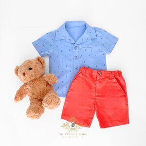 NWT Cute Boys Oxford Button Down Shirt & Shorts Matching Set Blue & Salmon 3T